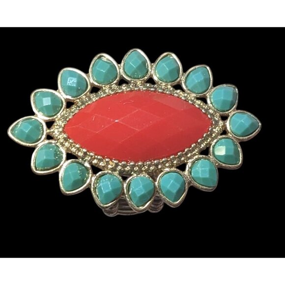 Bohemian Blue And Red Gemmed Floral Stretch Ring Size 7 - Picture 11 of 12